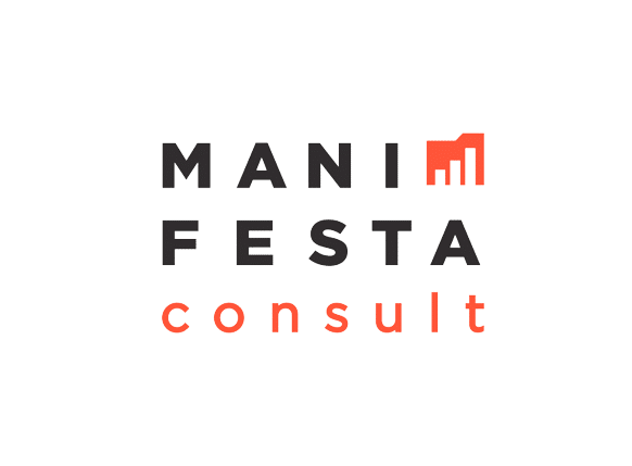 Логотип компанії "MANIFESTA consult", що складається з великих літер у чорному кольорі з червоним елементом у вигляді графіки, що зображає зростання. Назва "consult" написана меншим шрифтом помаранчевого кольору.