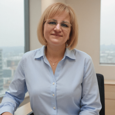 Жінка з коротким світлим волоссям сидить за столом у офісі. Вона носить світло-блакитну сорочку, усміхається, а в руках тримає одну руку на столі. Вікна позаду відкривають вигляд на місто.